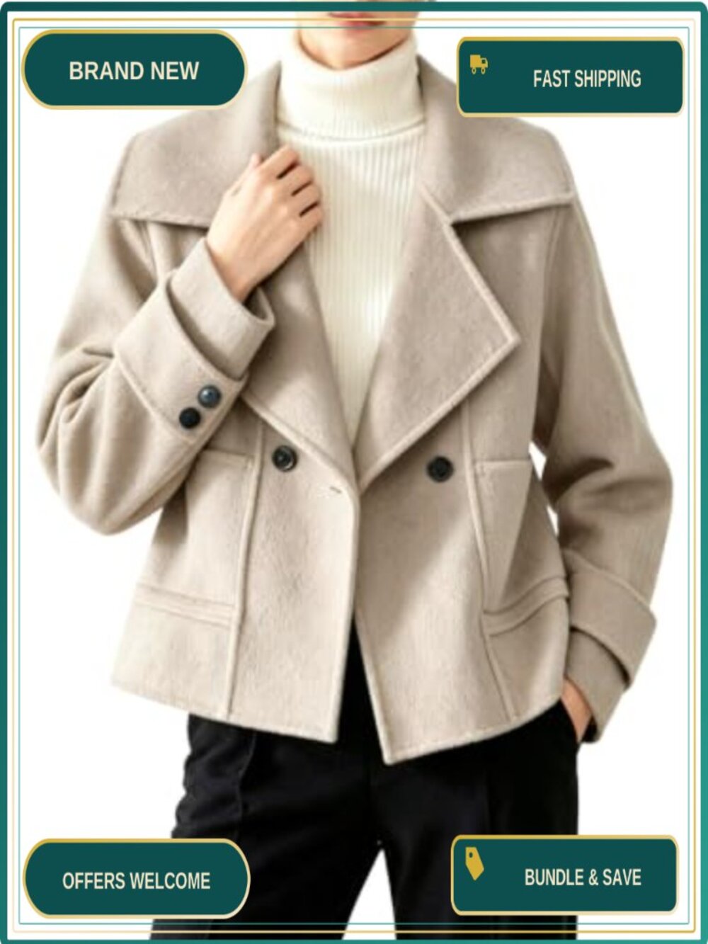 Womens Cropped Wool Blend Pea Coat Notched Lapel Button Pockets